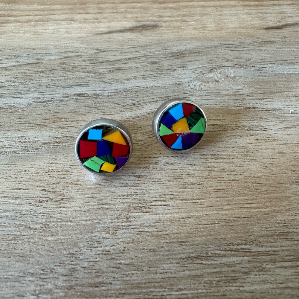 Colorful Circular Vintage Aztec Earrings 925 Sterling Silver